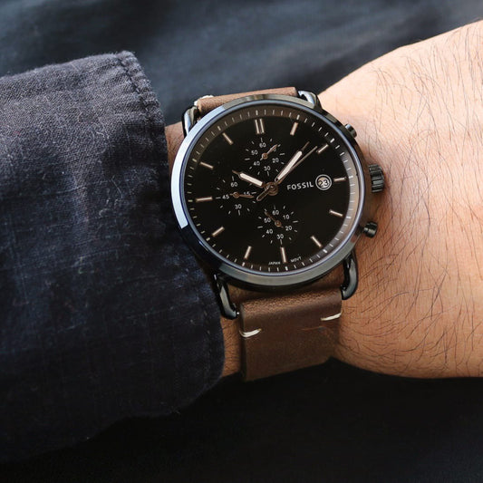 Fossil Men's Black Commuter Watch – Minimalist Chronograph (7A Quality, 43mm Dial)